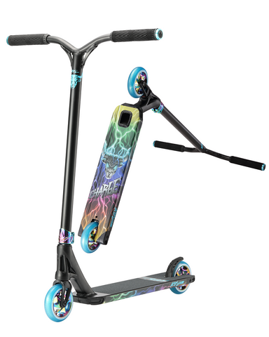 Envy KOS Charge black with blue wheels and swoop bar side angle and deck bottom