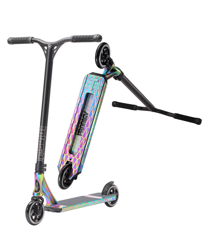 envy prodigy series 9 oil slick scooter black wheels side angle and deck bottom
